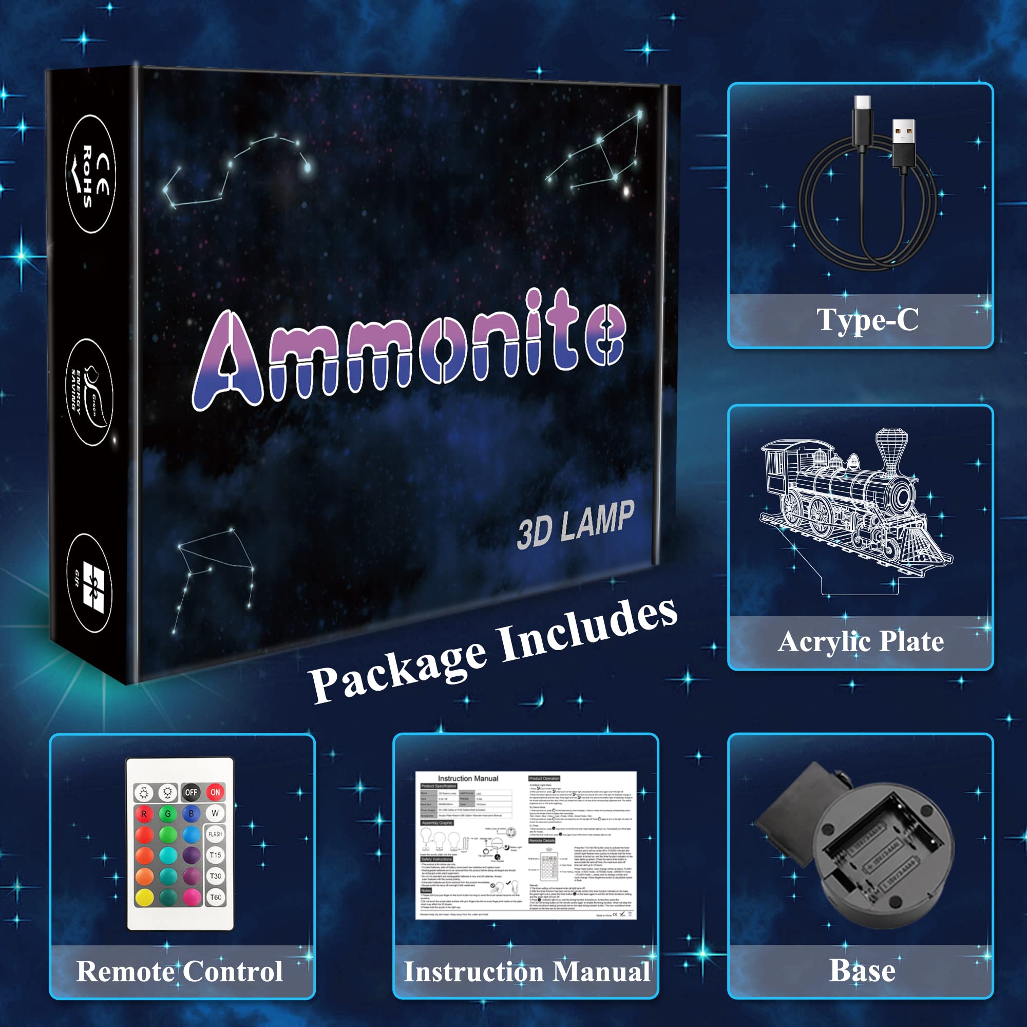 Ammonite Train Night Light decorates kid's room with playful train theme