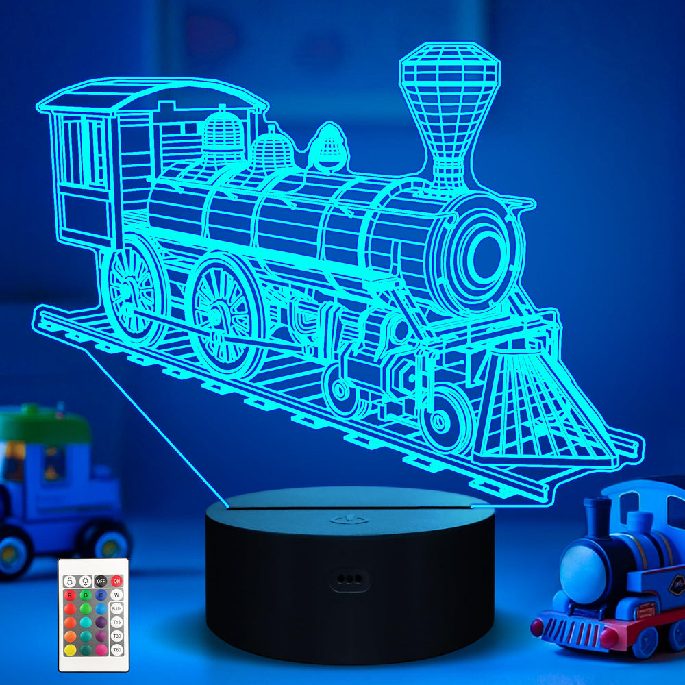 Ammonite Train Night Light front view glowing softly for kids' room ambience