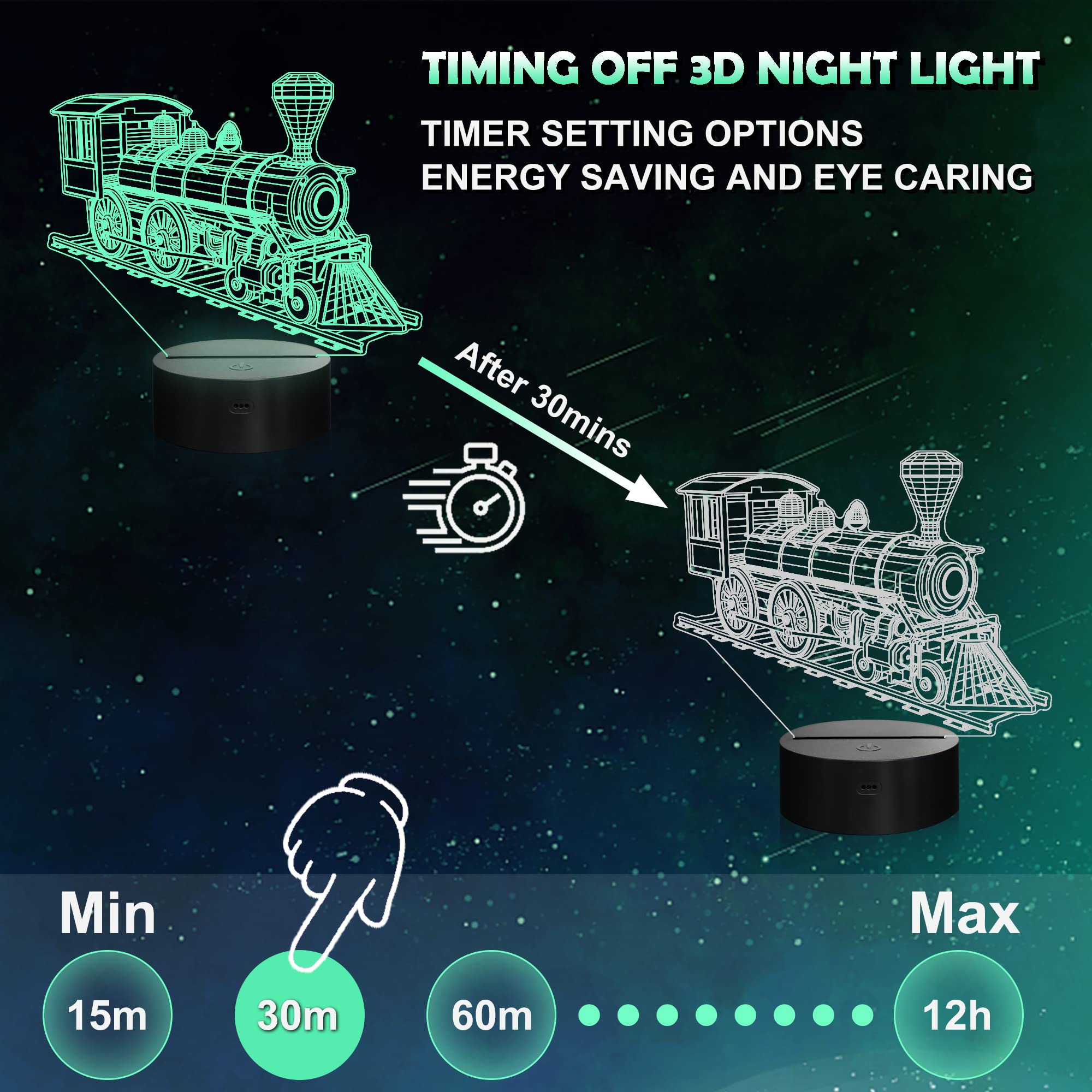 Ammonite Train Night Light timer feature saves energy during sleep