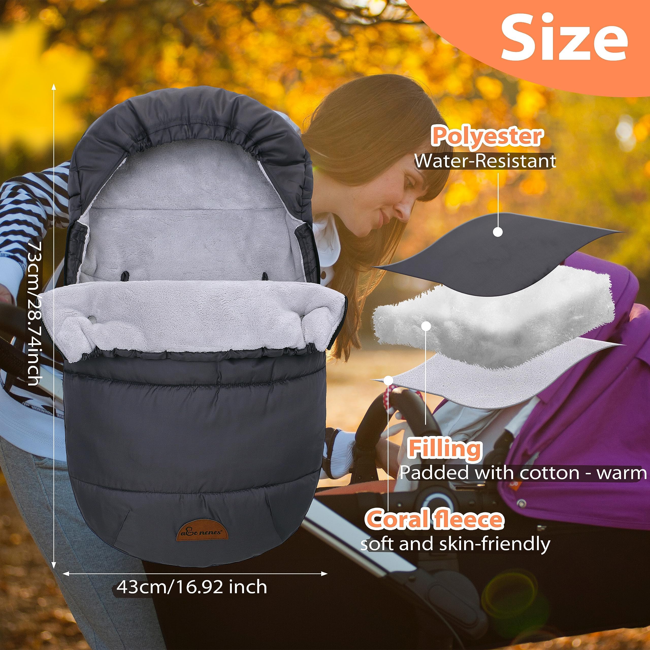 Amo Nenes hooded bunting bag windproof keeps baby snug in cold weather.