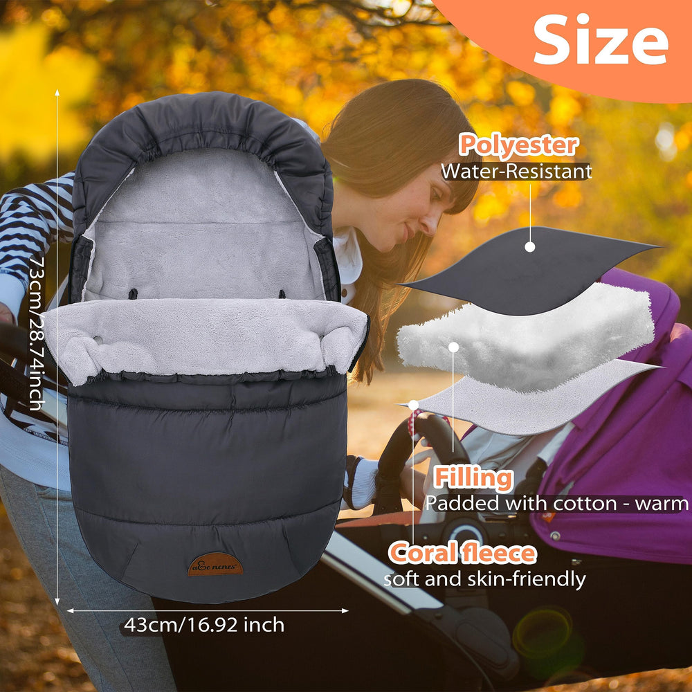 Amo Nenes hooded bunting bag windproof keeps baby snug in cold weather.