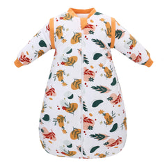 Amo Nenes leaf print sleep sack on a baby for cozy warmth and gentle airflow