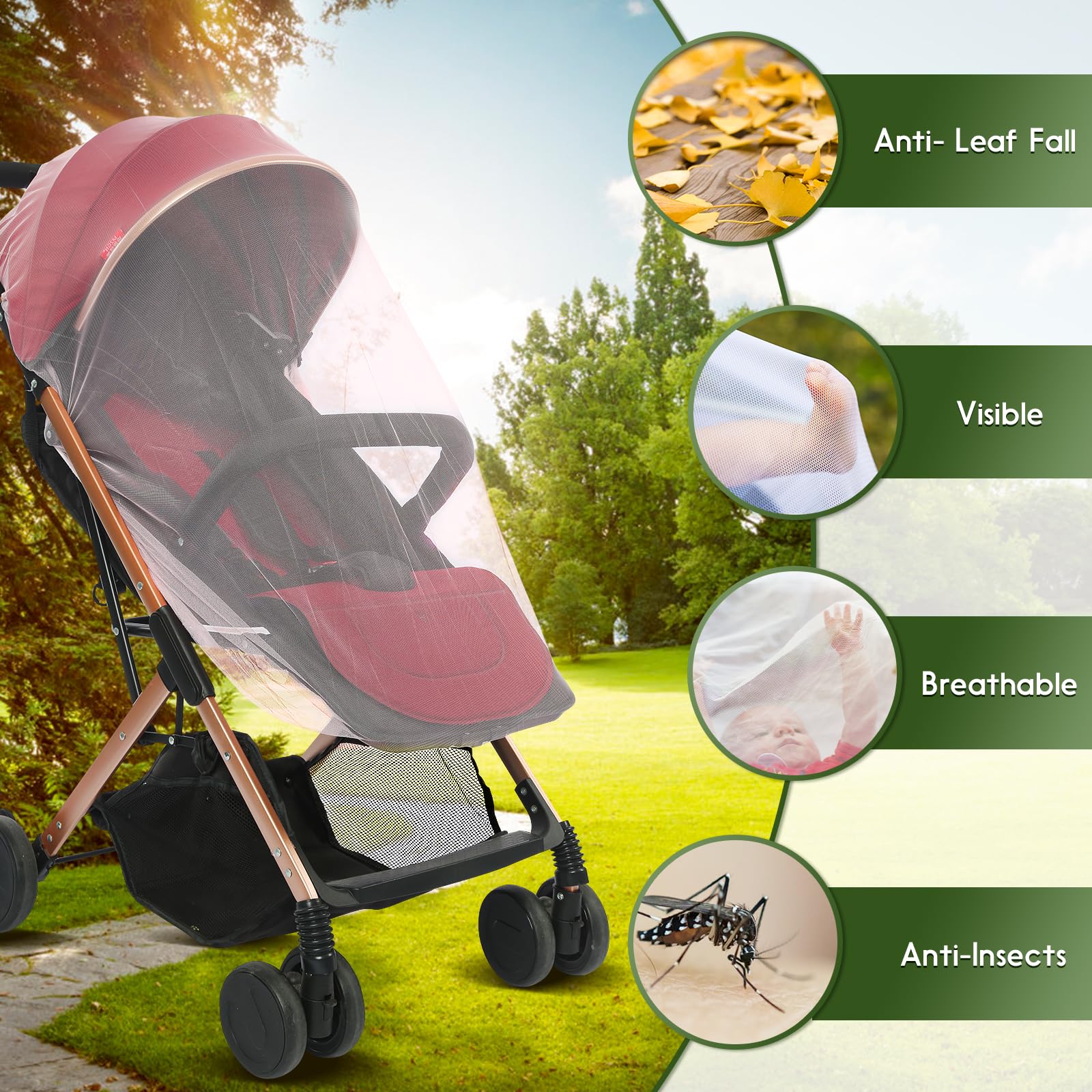 AMORBASE Stroller Mosquito Net 2-Pack attached on stroller for bug protection