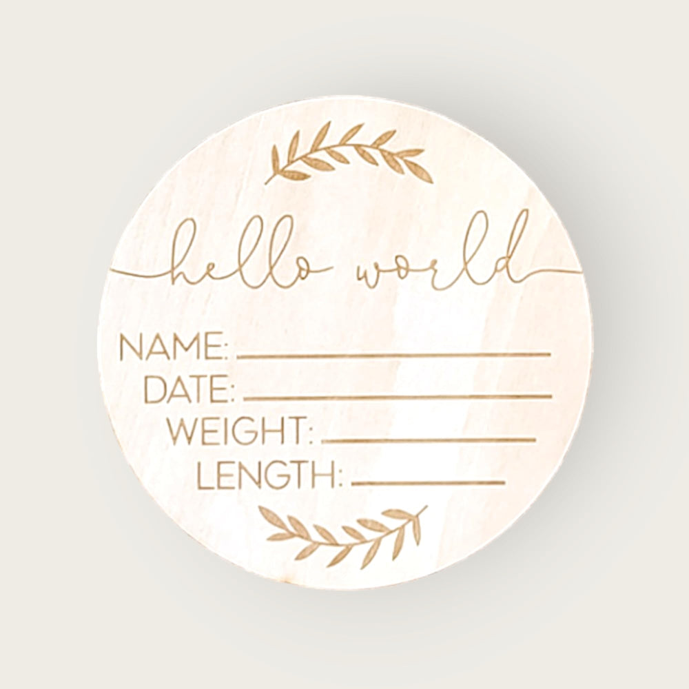 AMOS and SAWYER Hello World Leaf Sign shown with keepsake muslin bag for gifting