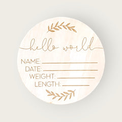 AMOS and SAWYER Hello World Leaf Sign shown with keepsake muslin bag for gifting