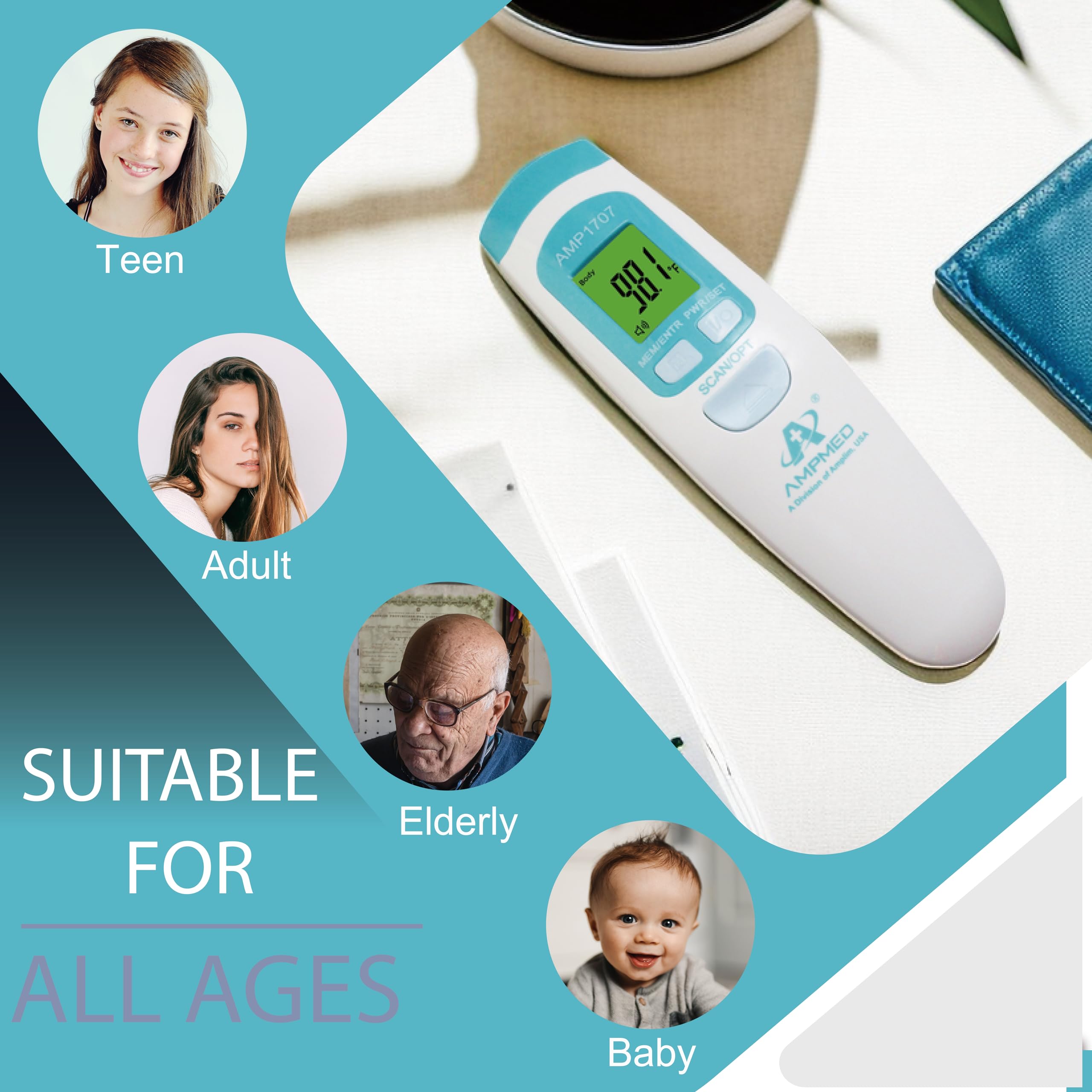 Amplim AmpMed 1-sec reading display showing fast family temperature checks