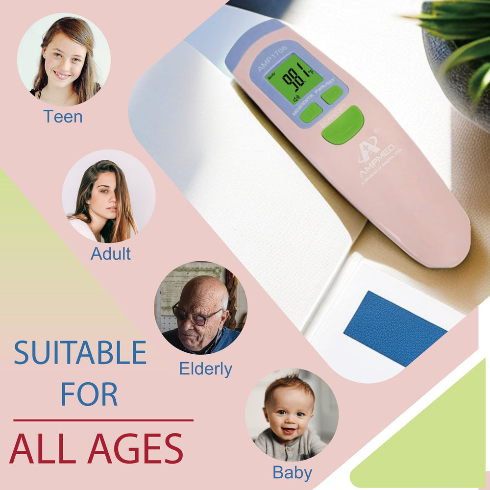 Amplim AmpMed thermometer side view showing compact travel-friendly design.