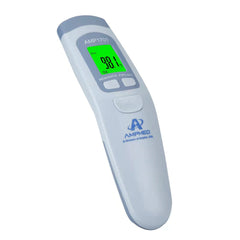 Amplim AmpMed forehead thermometer on table for quick, non-contact readings.