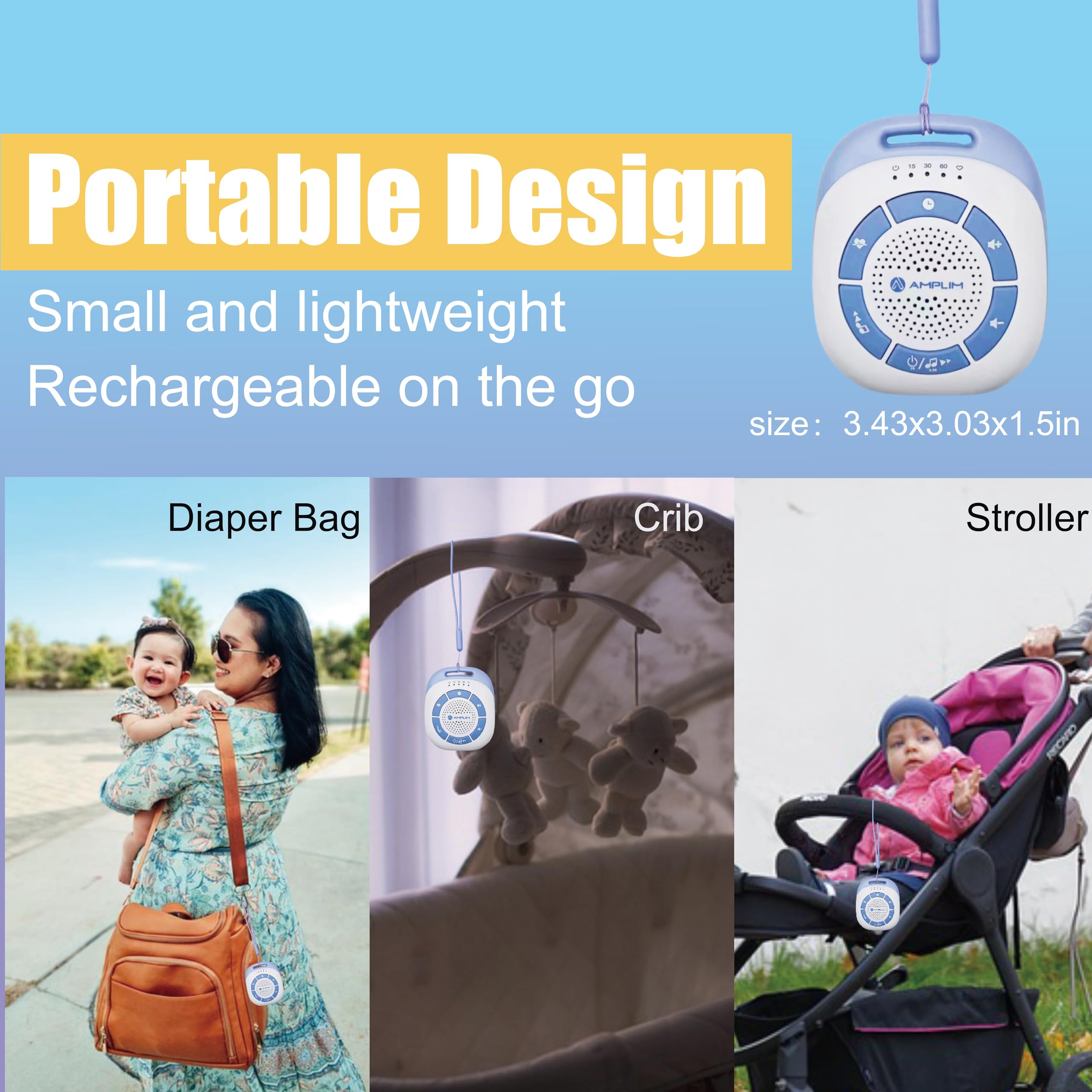 Amplim clip-on unit on car seat for travel-friendly soothing