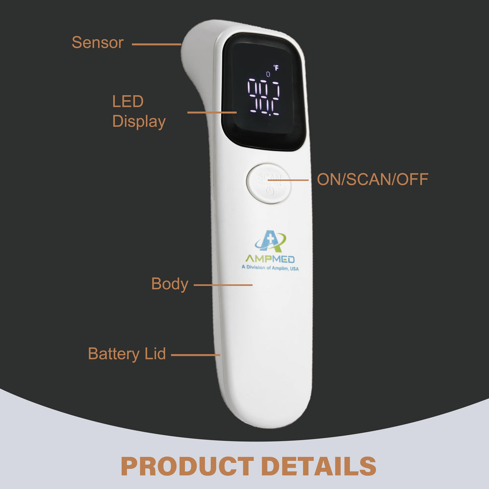 Amplim Forehead Thermometer emits an audible alert when readings rise.