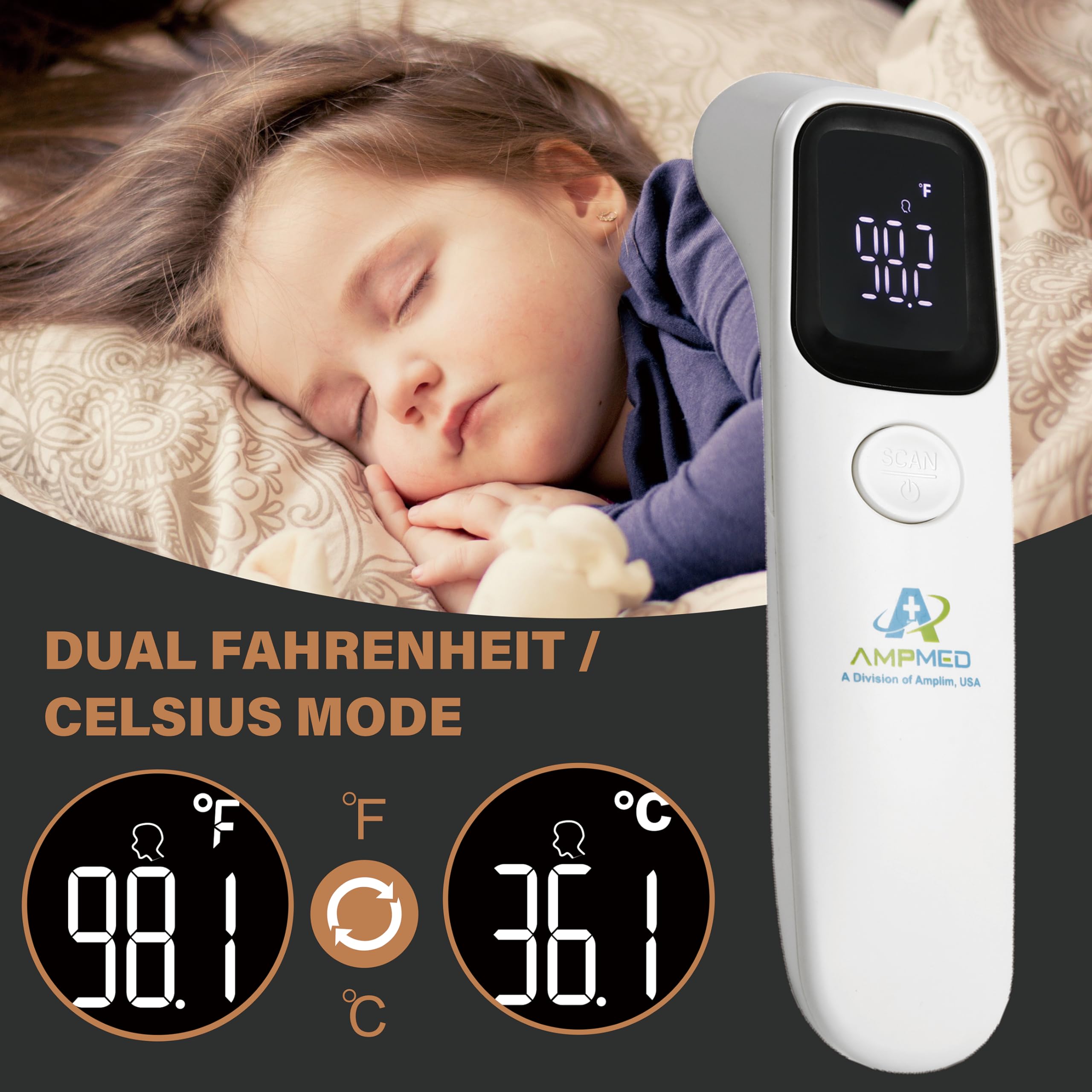 Amplim Forehead Thermometer switches between Fahrenheit and Celsius with a tap.