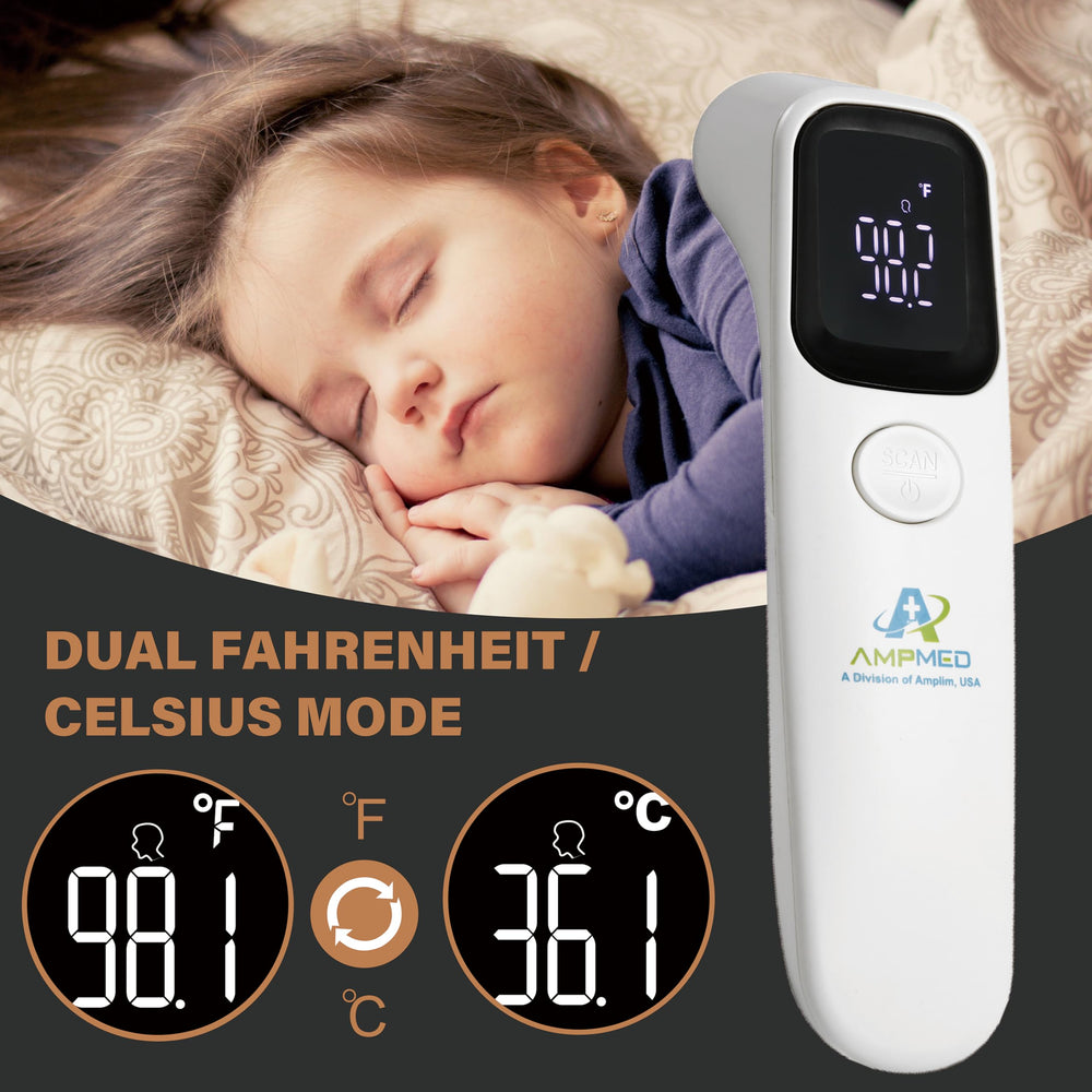 Amplim Forehead Thermometer switches between Fahrenheit and Celsius with a tap.