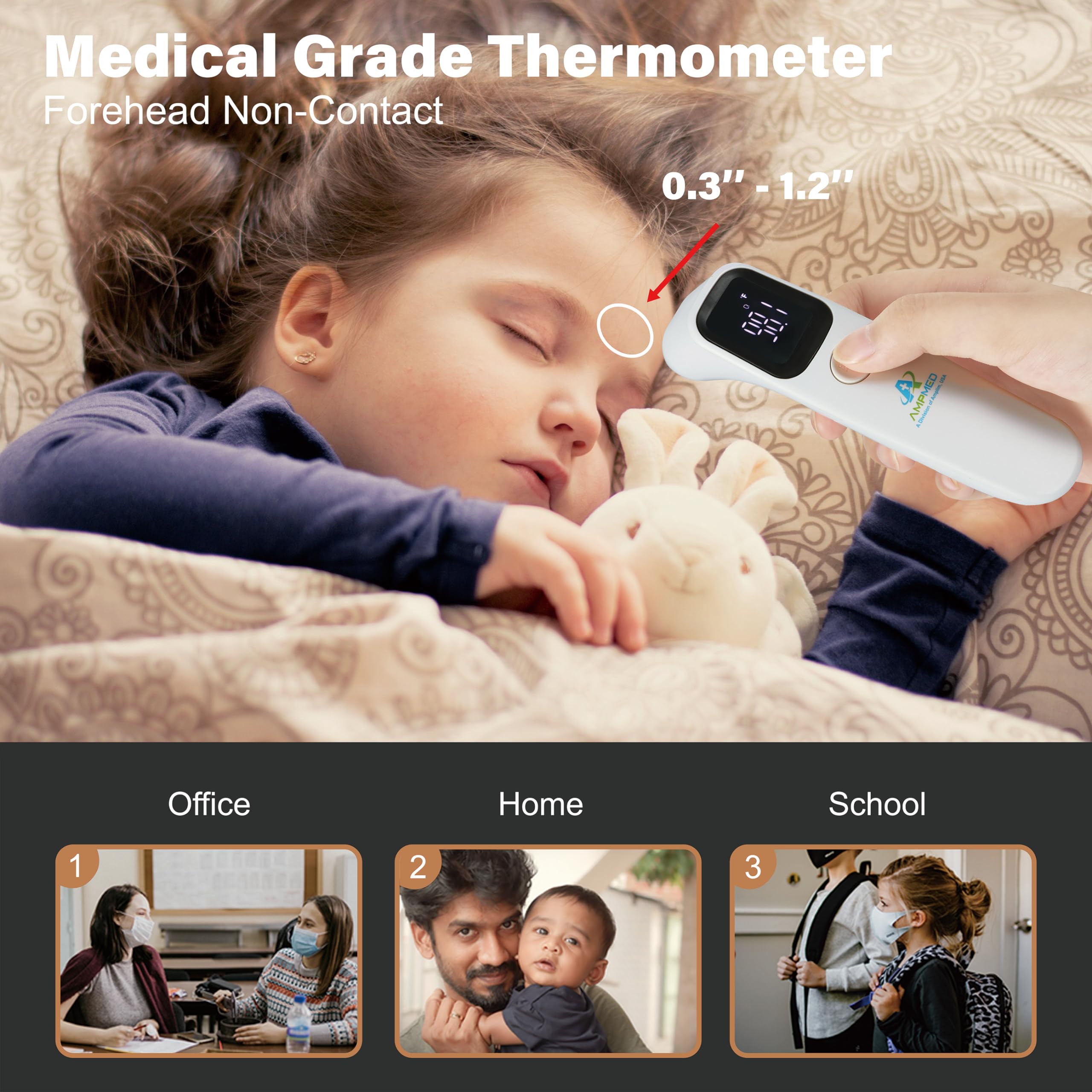 Amplim Forehead Thermometer memory recalls 32 readings for trend tracking.