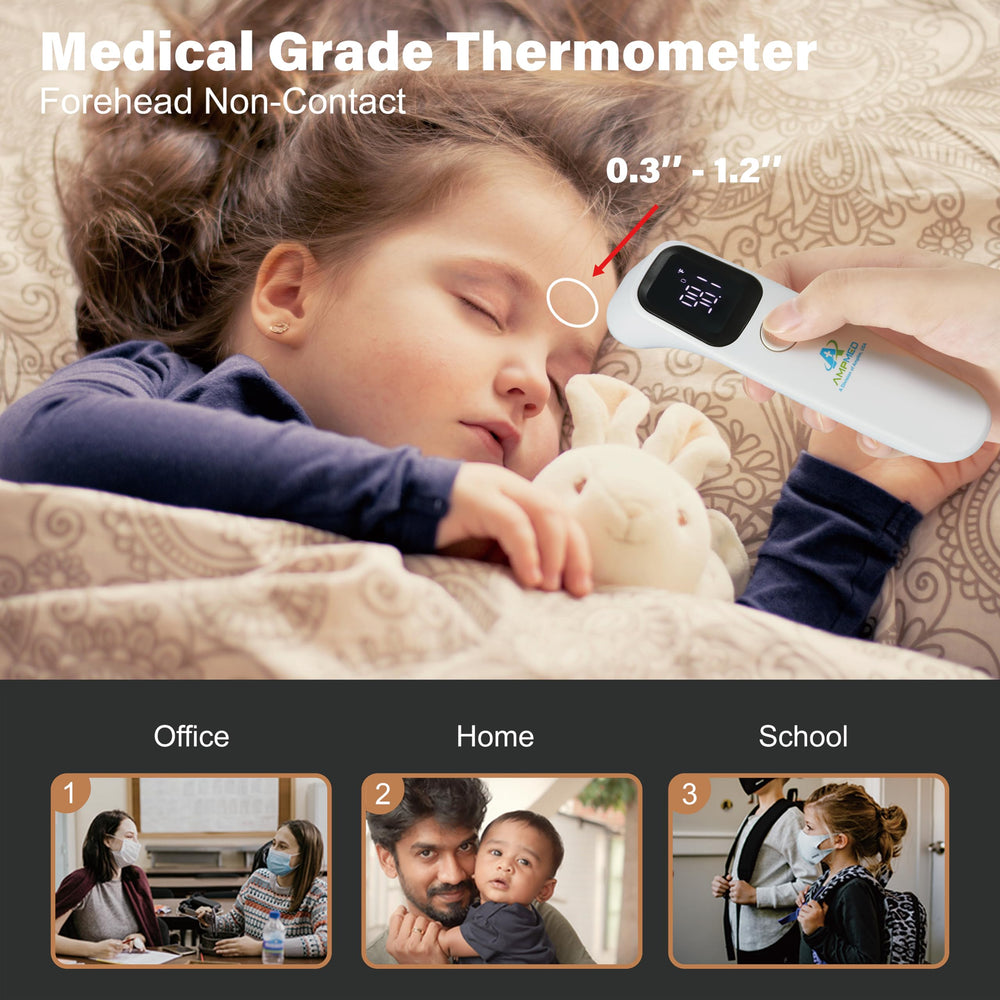 Amplim Forehead Thermometer memory recalls 32 readings for trend tracking.