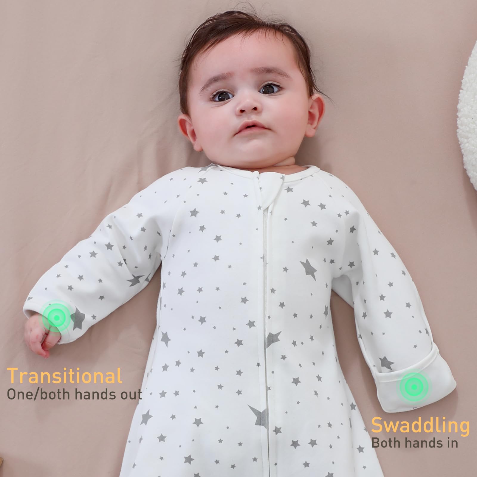 Amrcbb transitional swaddle sack 2-way-zipper allows diaper changes without waking.