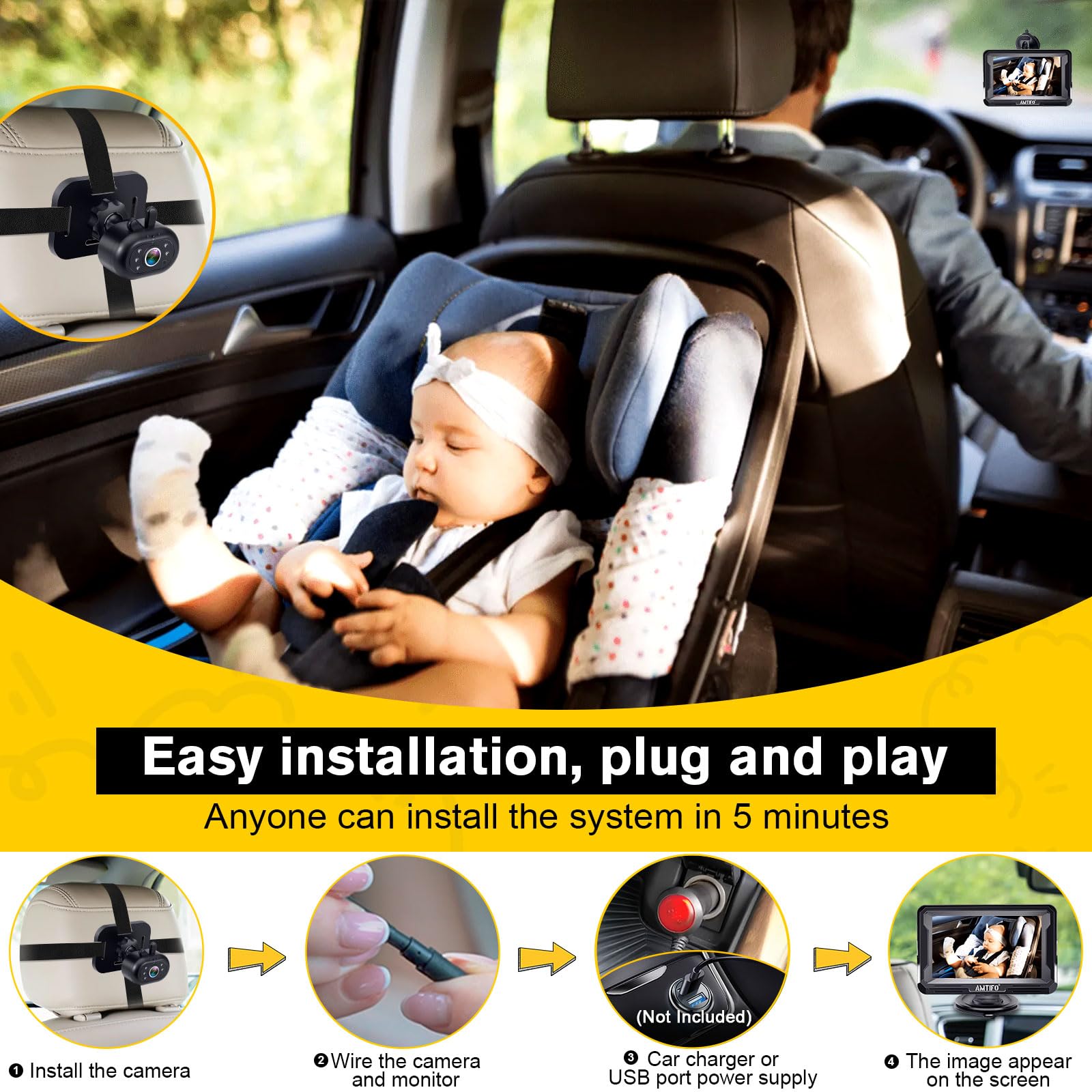 AMTIFO backseat camera with 360-degree rotation for full rear view.