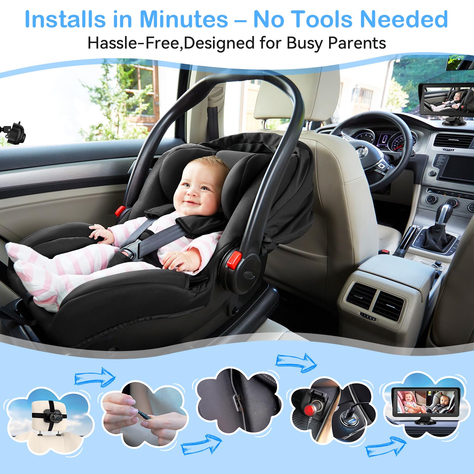 AMTIFO easy installation with tool-free mounting on dashboard or rearview mirror.