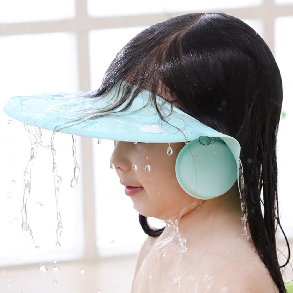 AMTOOCH shower cap shown in a bath time scenario for mess-free rinsing.