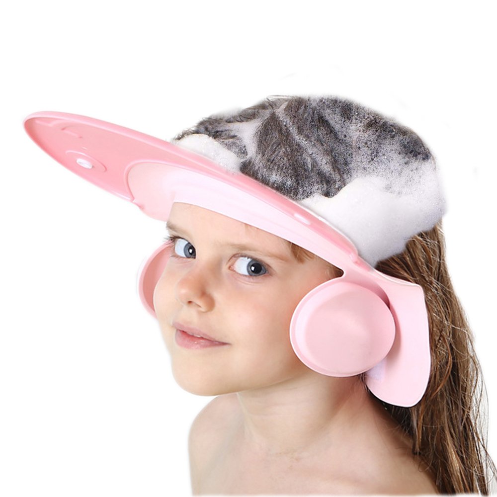 AMTOOCH kids' shower cap with adjustable fit provides waterproof protection during bath time.
