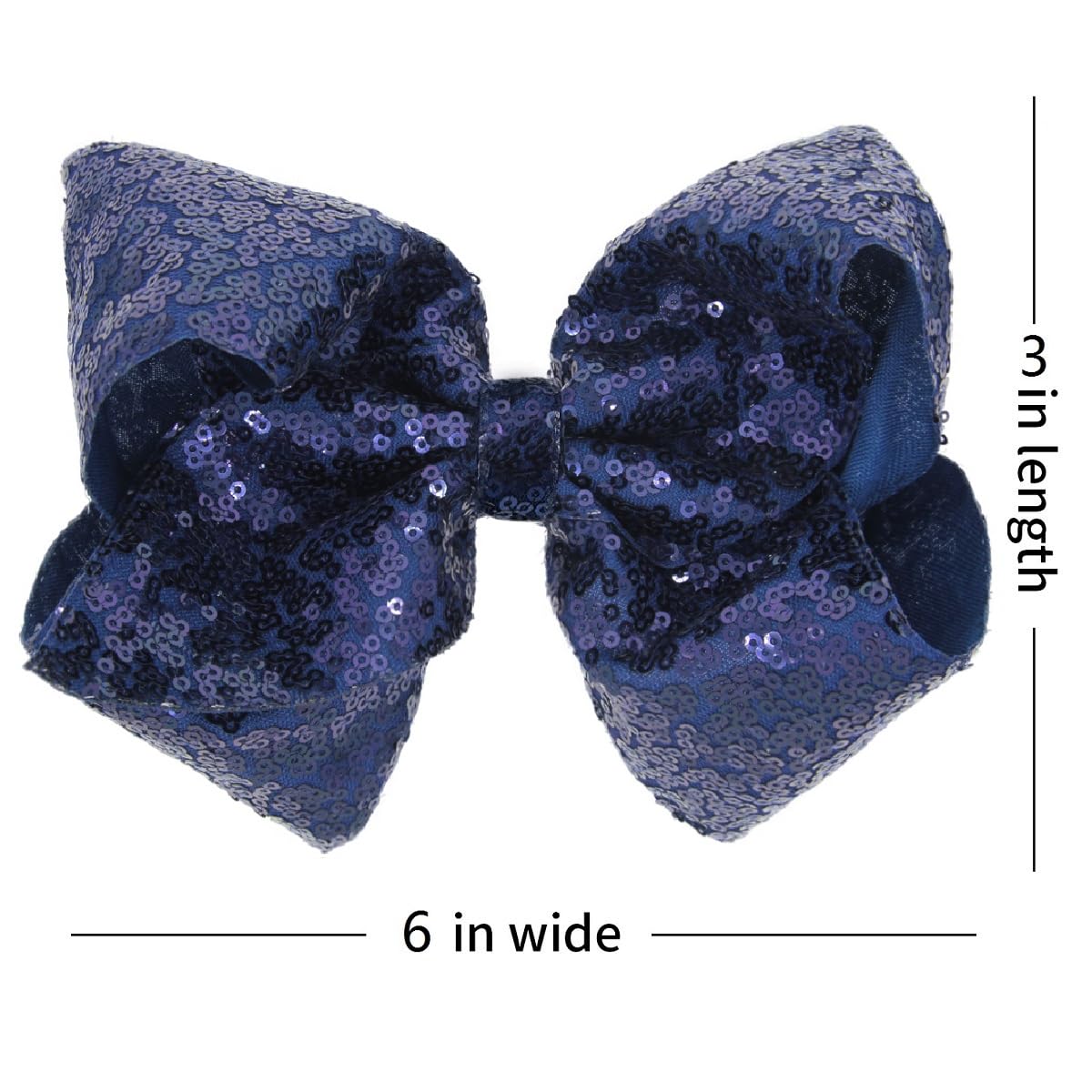 AMYDECOR navy blue sequin bow clip close-up shows secure alligator clip