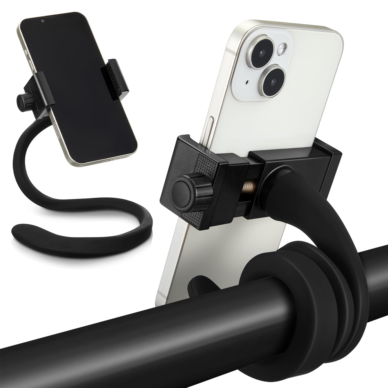 Amylove stroller phone holder clip in black close-up showing secure grip.