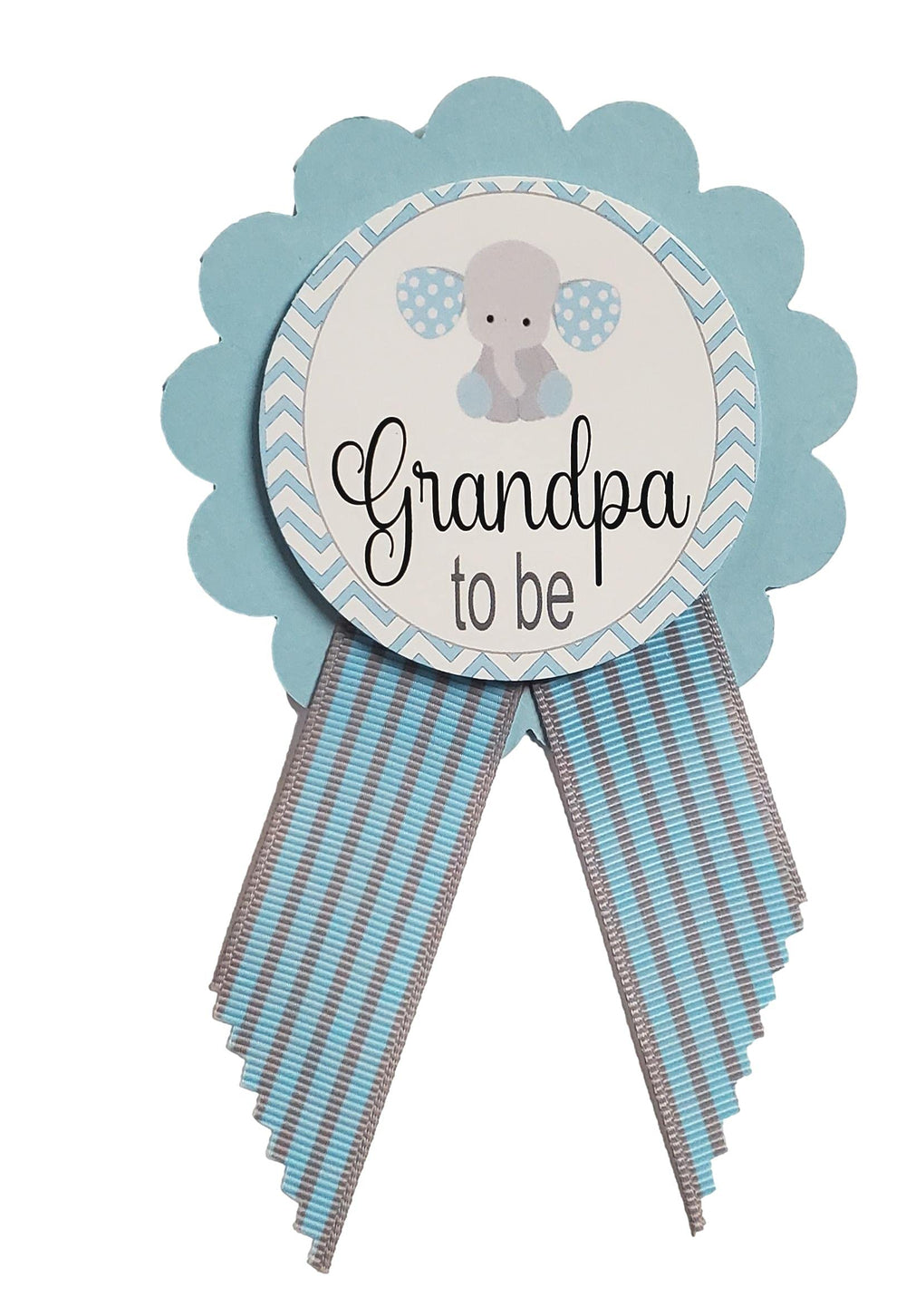 Amy's Bubbling Boutique elephant shower pin with blue-gray ribbon, a charming keepsake for baby shower photos