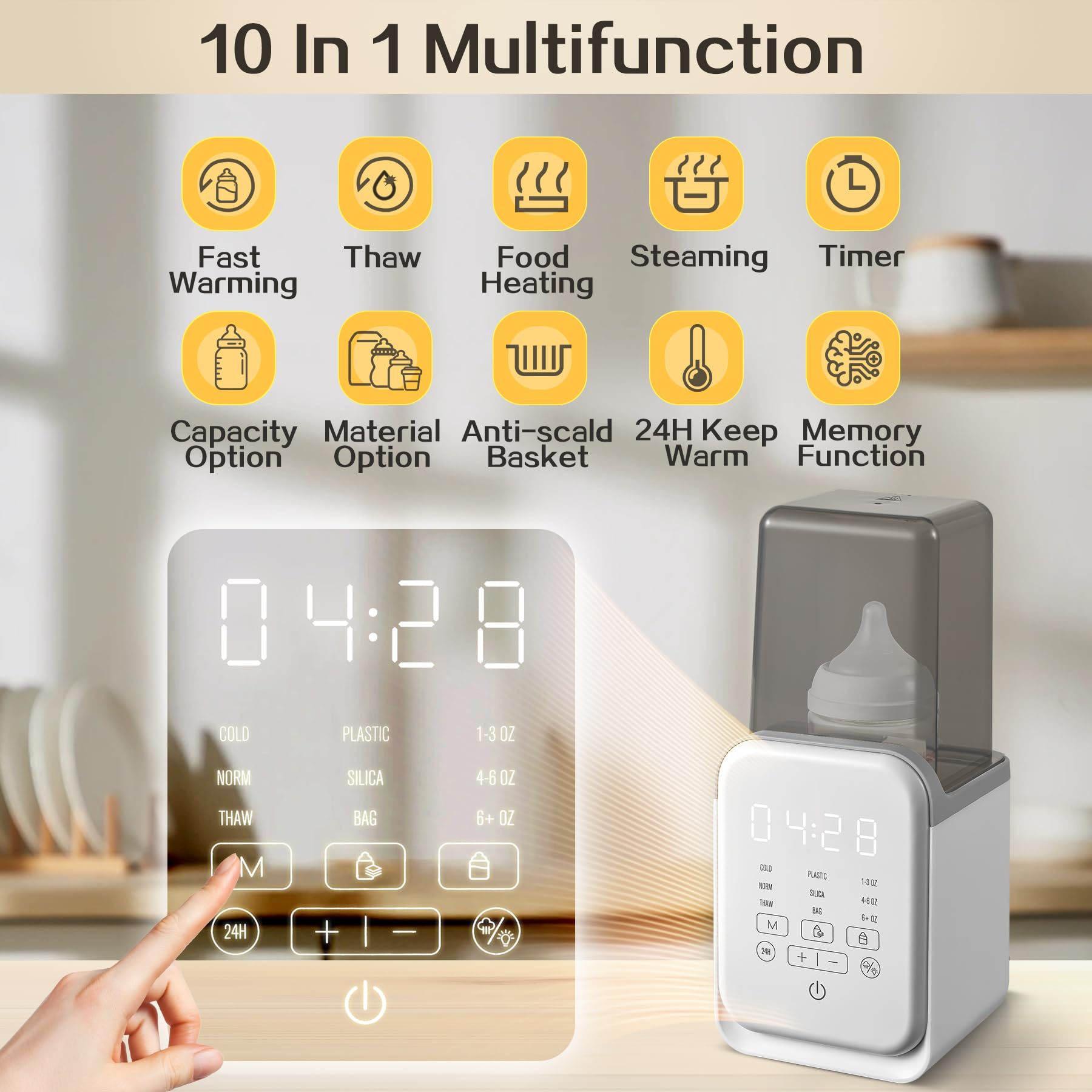 AMZBABYCHEF 10-in-1 panel shows versatile heat settings.