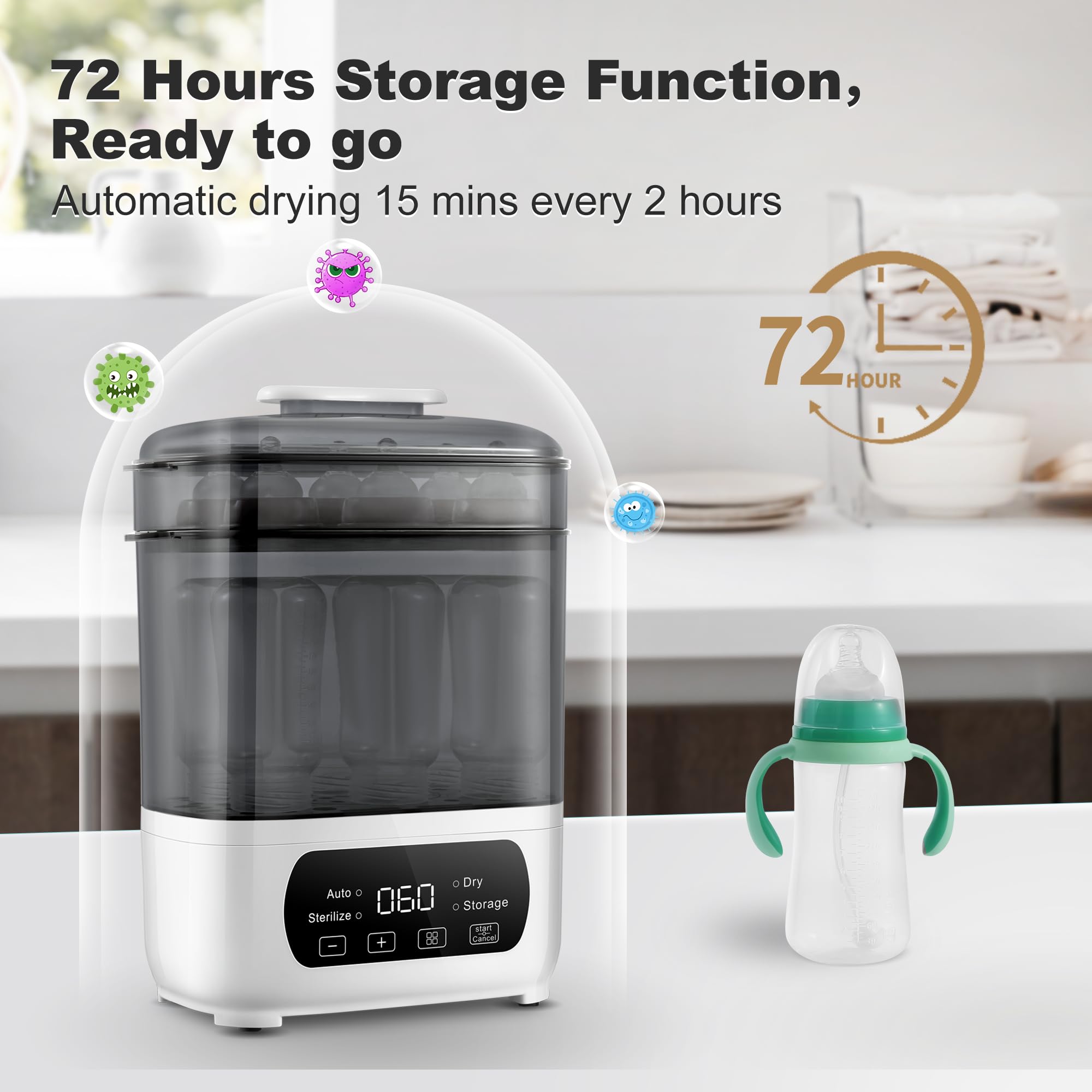 AMZBABYCHEF 4-in-1 steamer and dryer for versatile baby bottle care.
