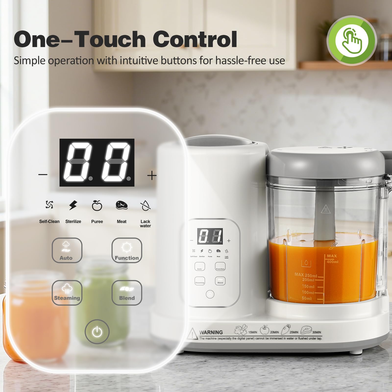 AMZBABYCHEF control panel view emphasizing precise texture settings for growth stages.