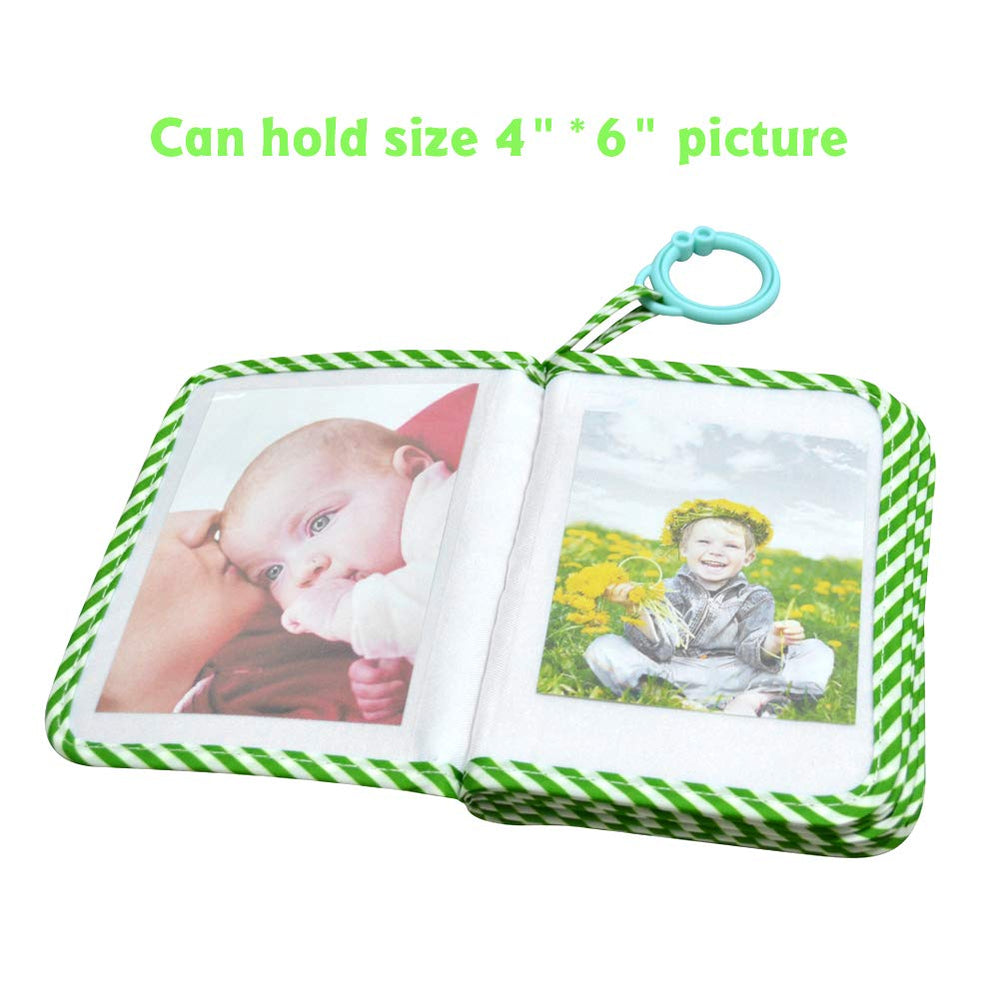 Photo pockets keep 4×6 images organized and easy for babies to flip.