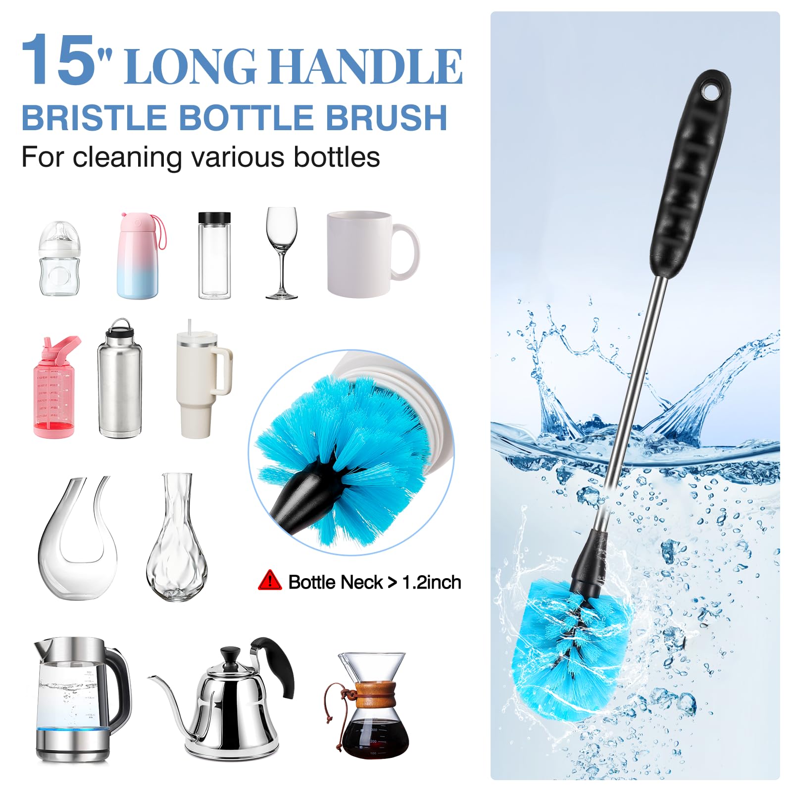 AnDocK long-handle bottle brush reaching bottle bottom for deep clean