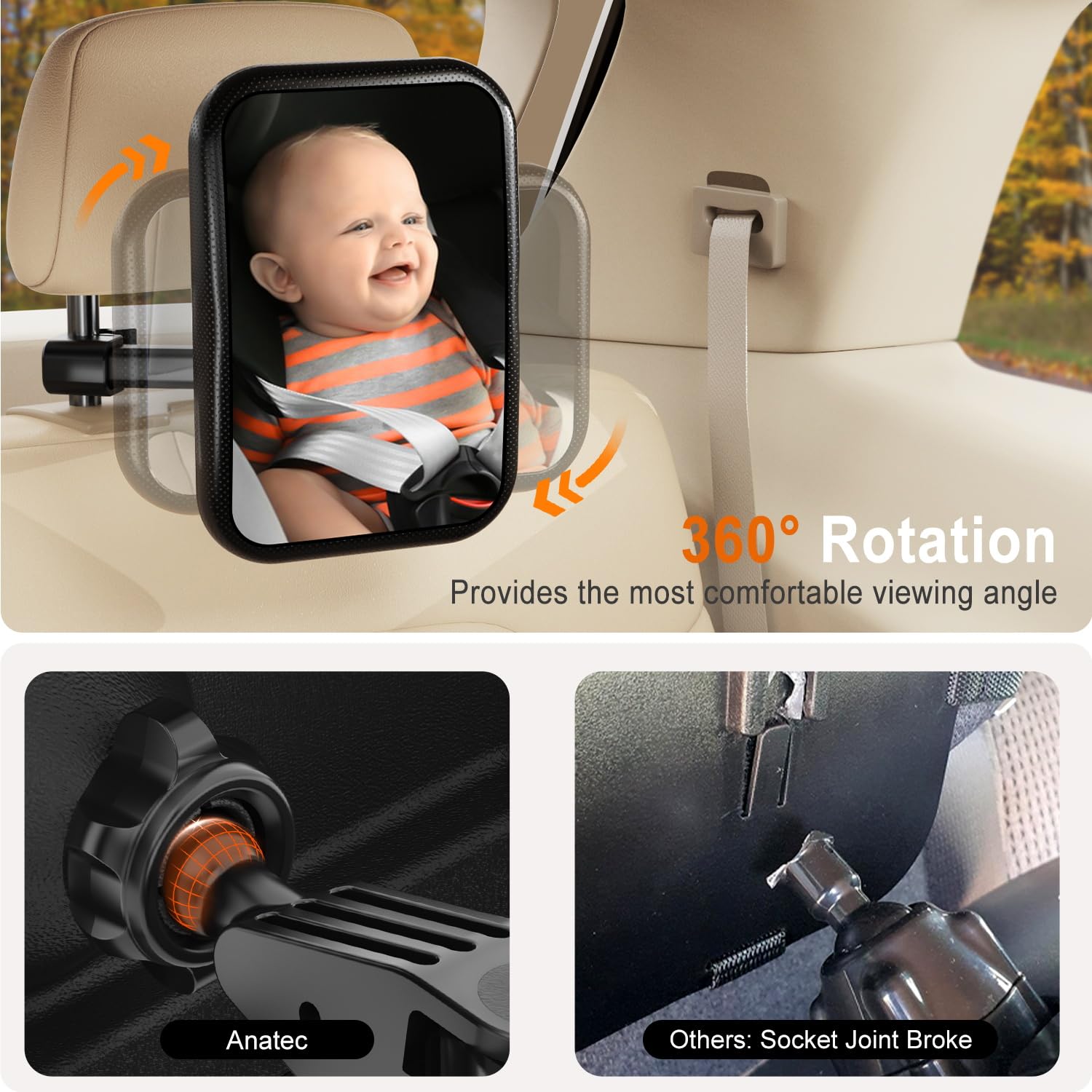 Anatec baby car mirror shatterproof frame for reliable safety on journeys.