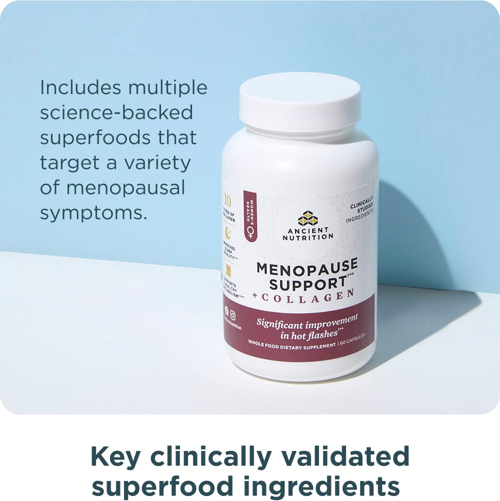 Ancient Nutrition Menopause Support collagen peptides highlight skin and joint benefits.