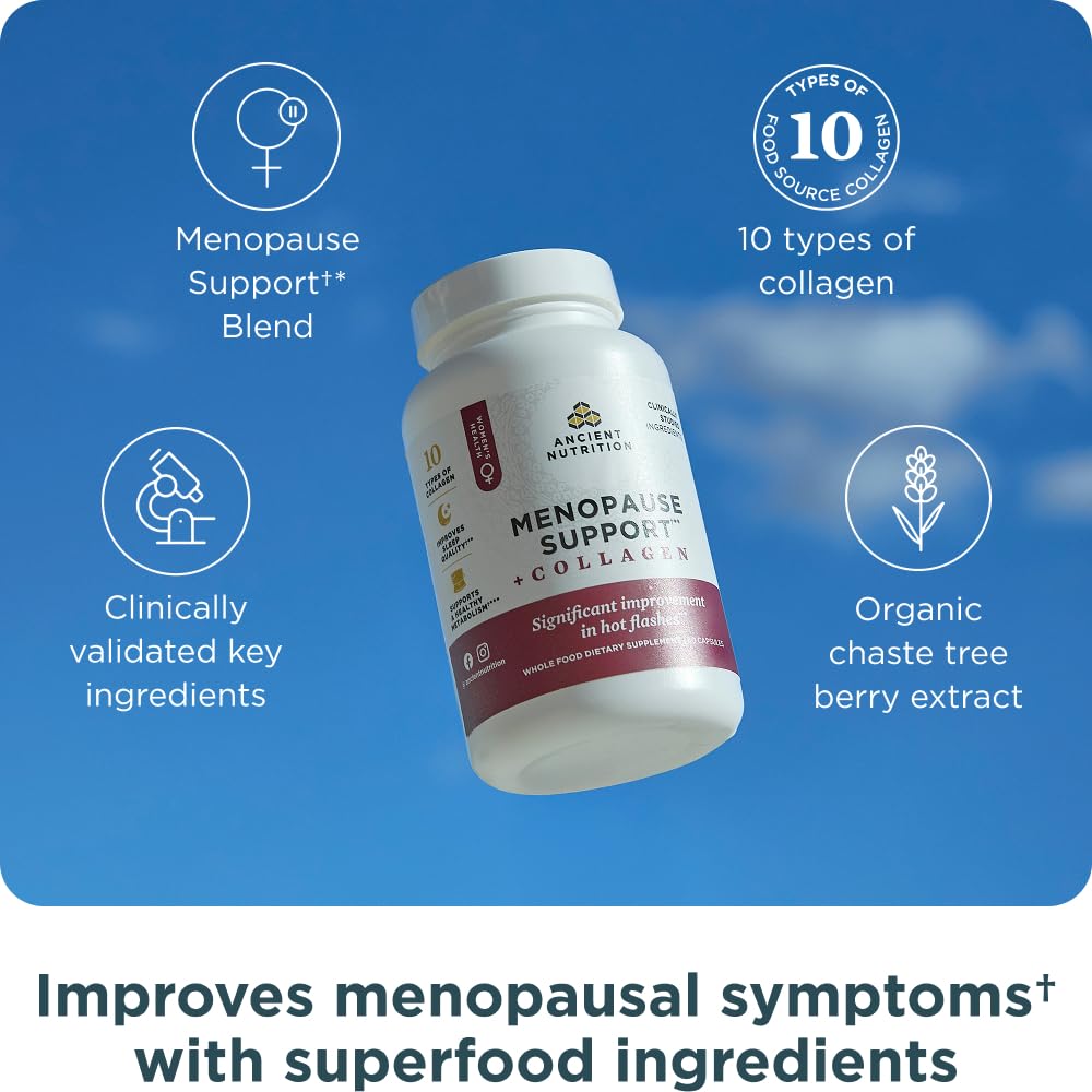 Ancient Nutrition Menopause Support powder tin ready for versatile mixing and daily use.