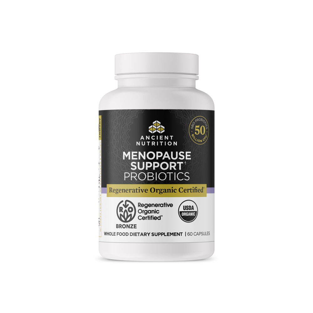 Ancient Nutrition regenerative-organic-probiotics-bottle for daily menopause support and digestion.