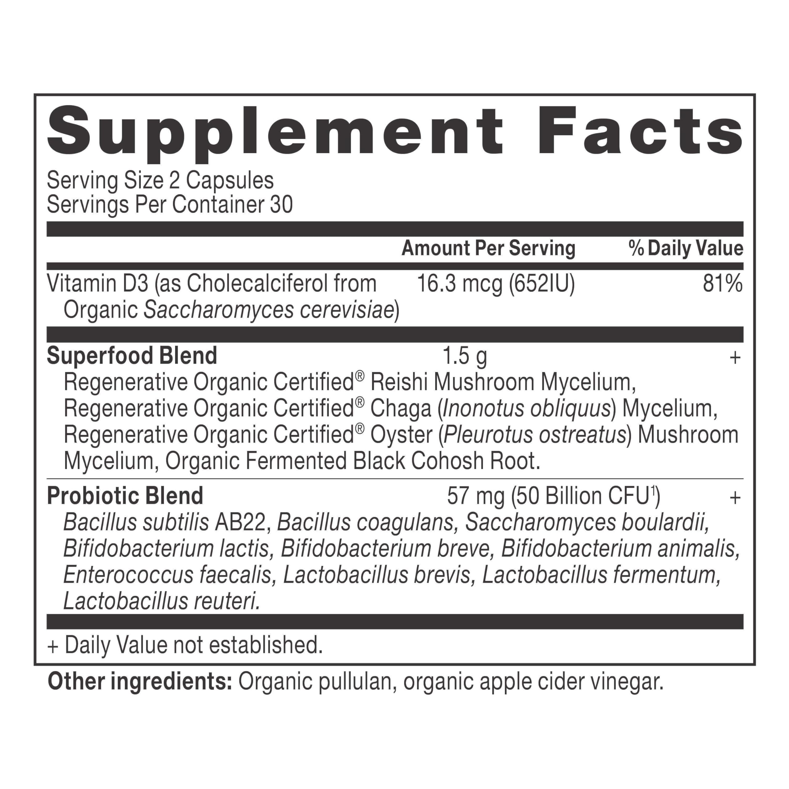 Ancient Nutrition regenerative-organic-probiotics-label highlighting ingredients and dosage.