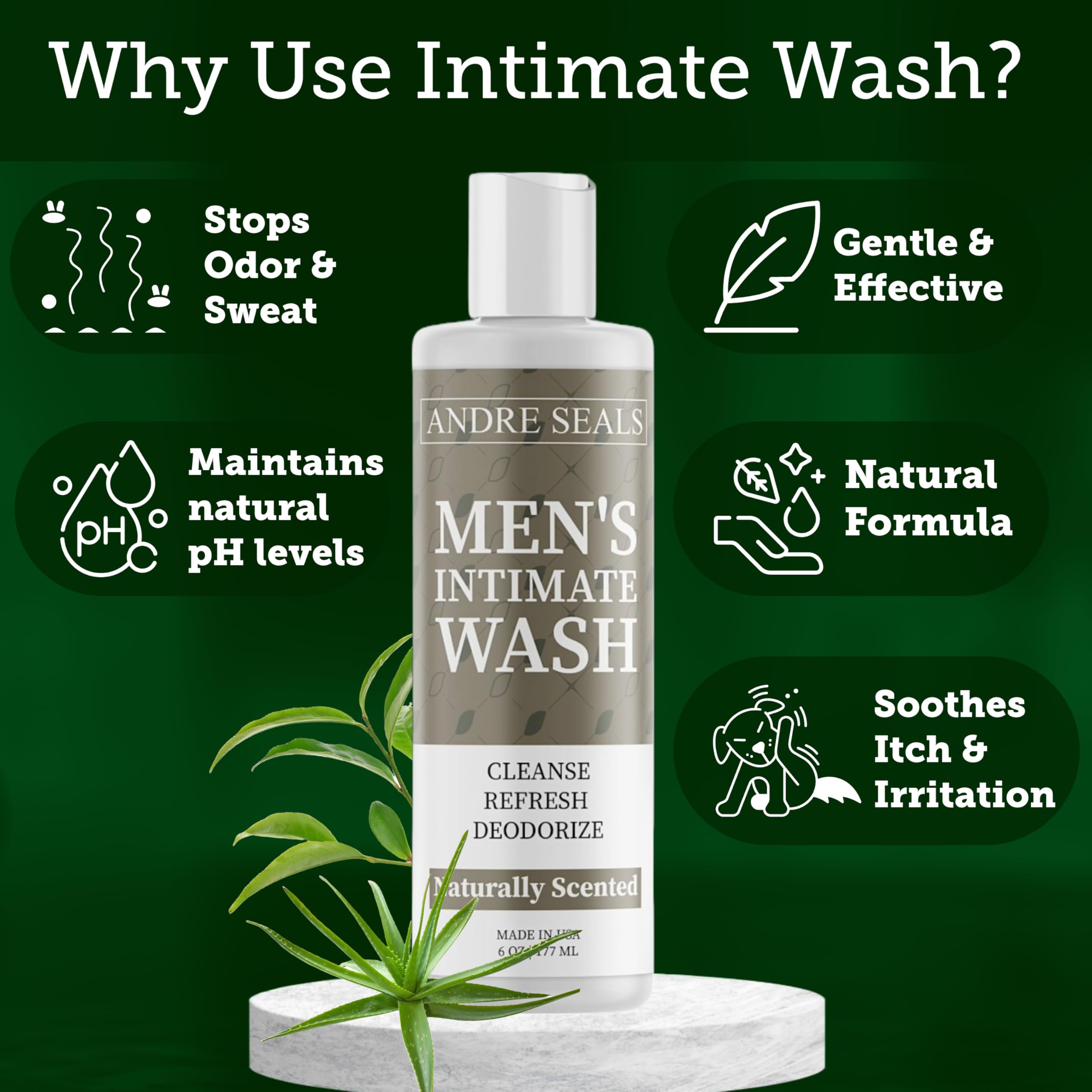 Andre Seals Intimate Wash after-workout routine suggests quick refresh and comfort.