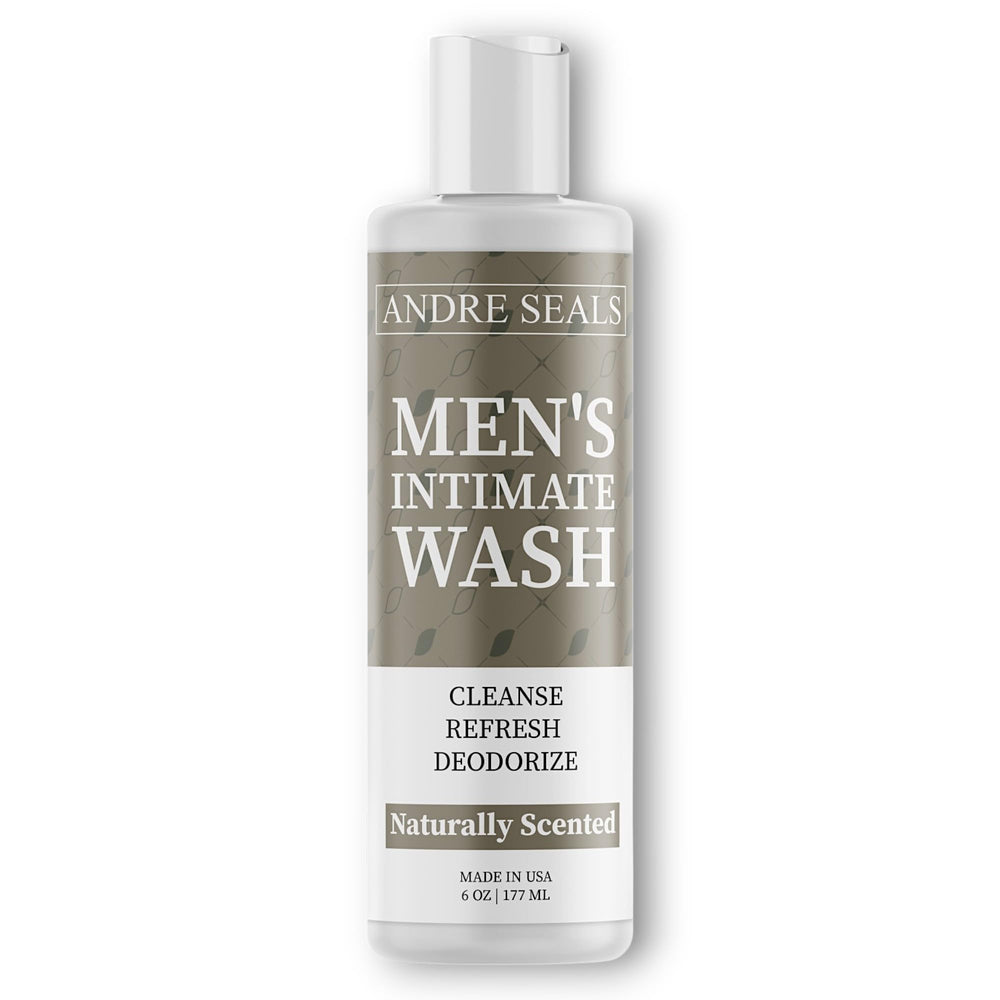 Andre Seals Intimate Wash bottle close-up showing rich lather for daily freshness.
