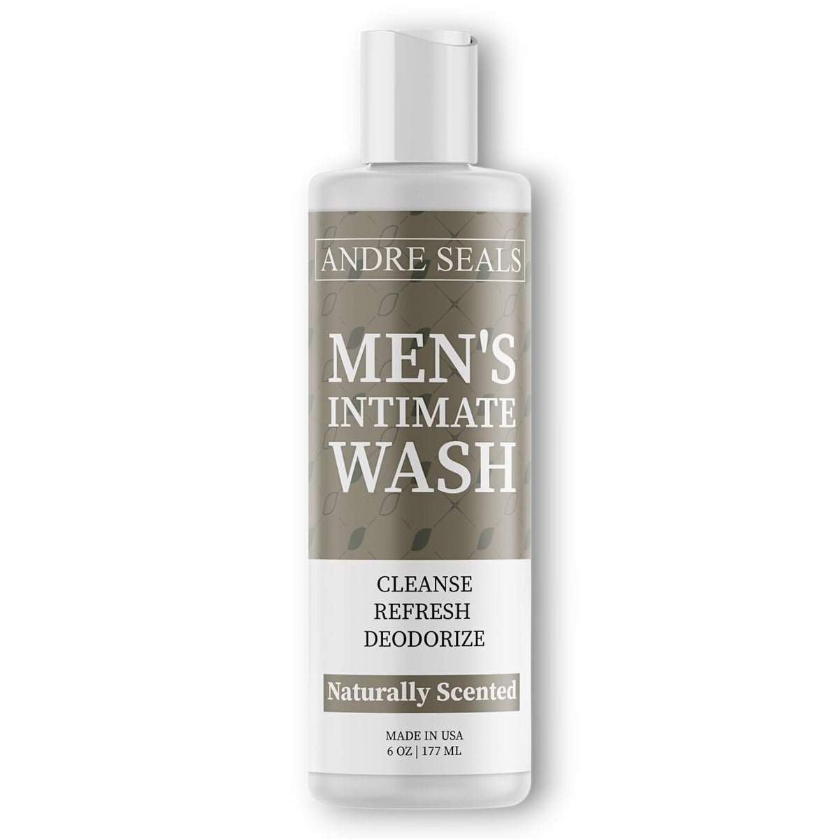 Andre Seals Intimate Wash bottle close-up showing rich lather for daily freshness.