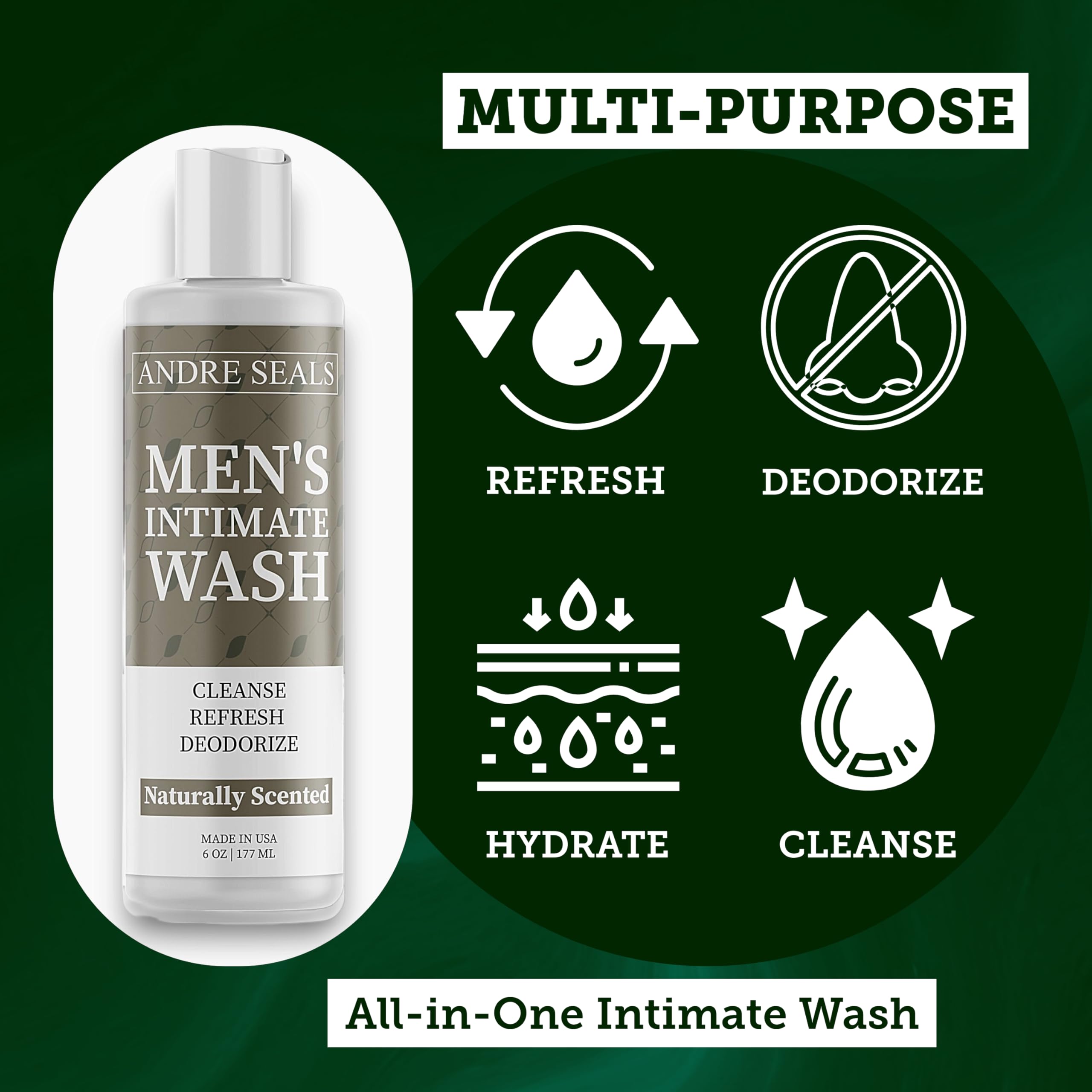 Andre Seals Intimate Wash foamy texture highlighting gentle daily cleanse for sensitive skin.