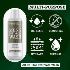 Andre Seals Intimate Wash foamy texture highlighting gentle daily cleanse for sensitive skin.