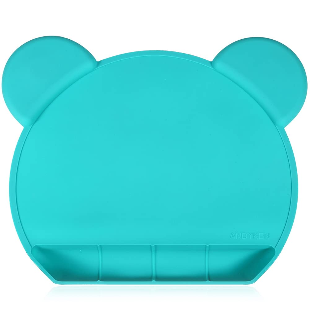 Andyken silicone baby placemat roll-up design for compact storage.
