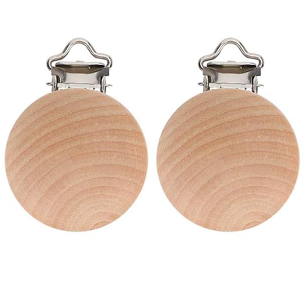 Anemeeoke natural beech wood pacifier clip set shows wood grain and compact design