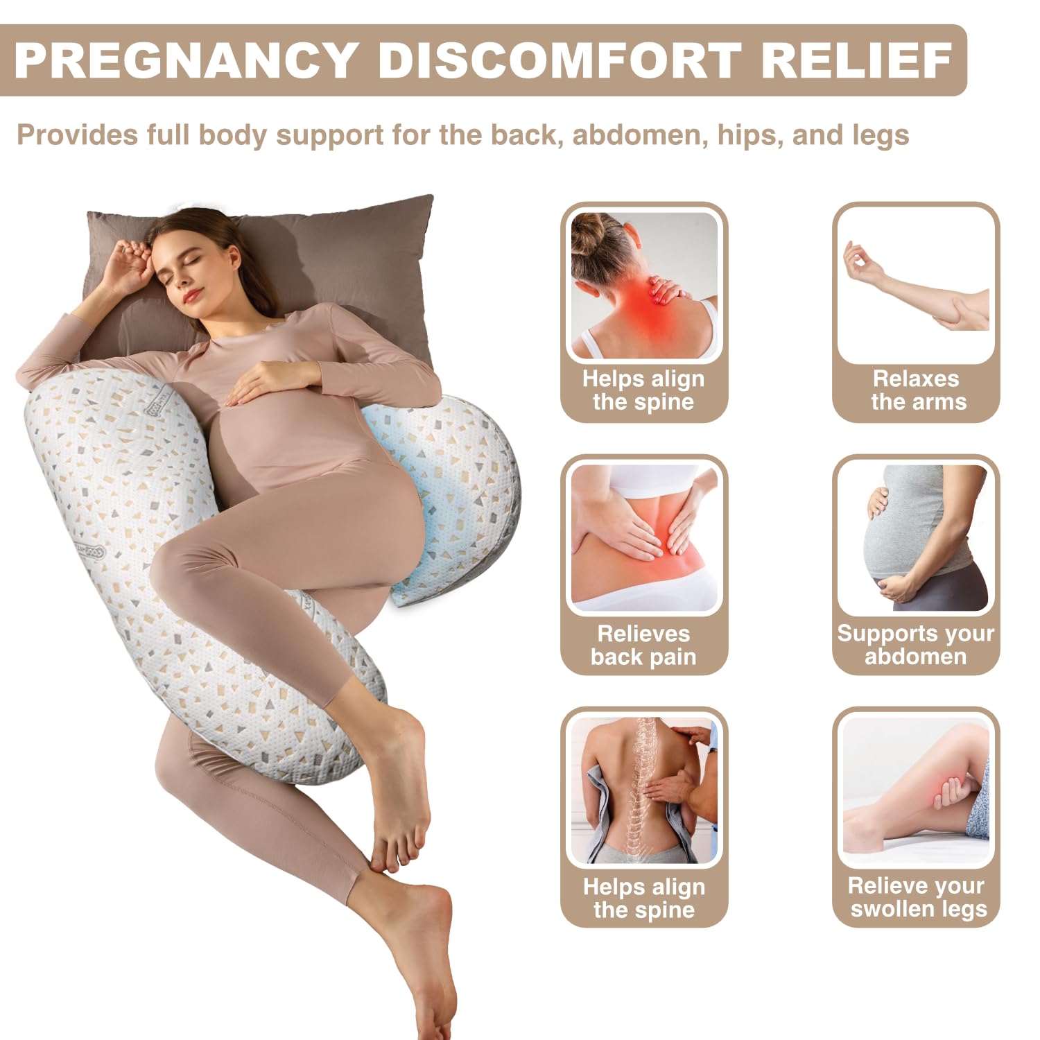 Anfrandce maternity pillow showcasing full-body support for side sleepers.