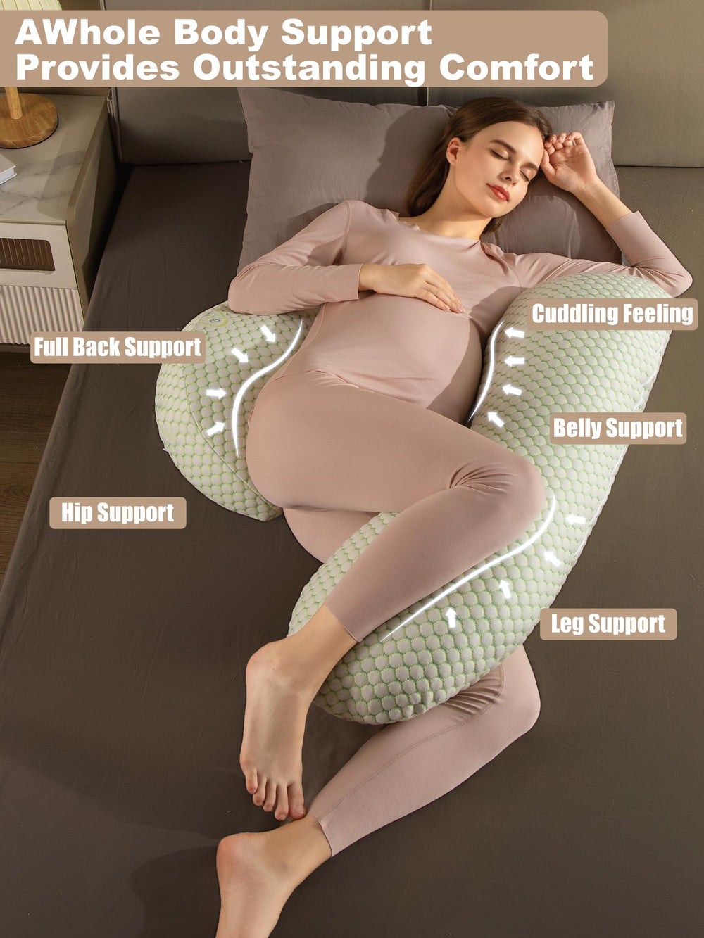 Anfrandce pregnancy pillow wrap-around arms provide customizable comfort around the body.