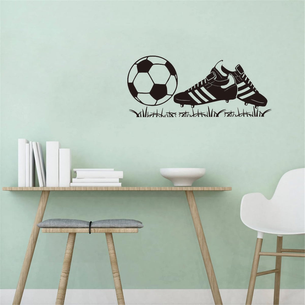 ANFRJJI soccer shoes decal on wall adds dynamic sports decor for a boy's room.
