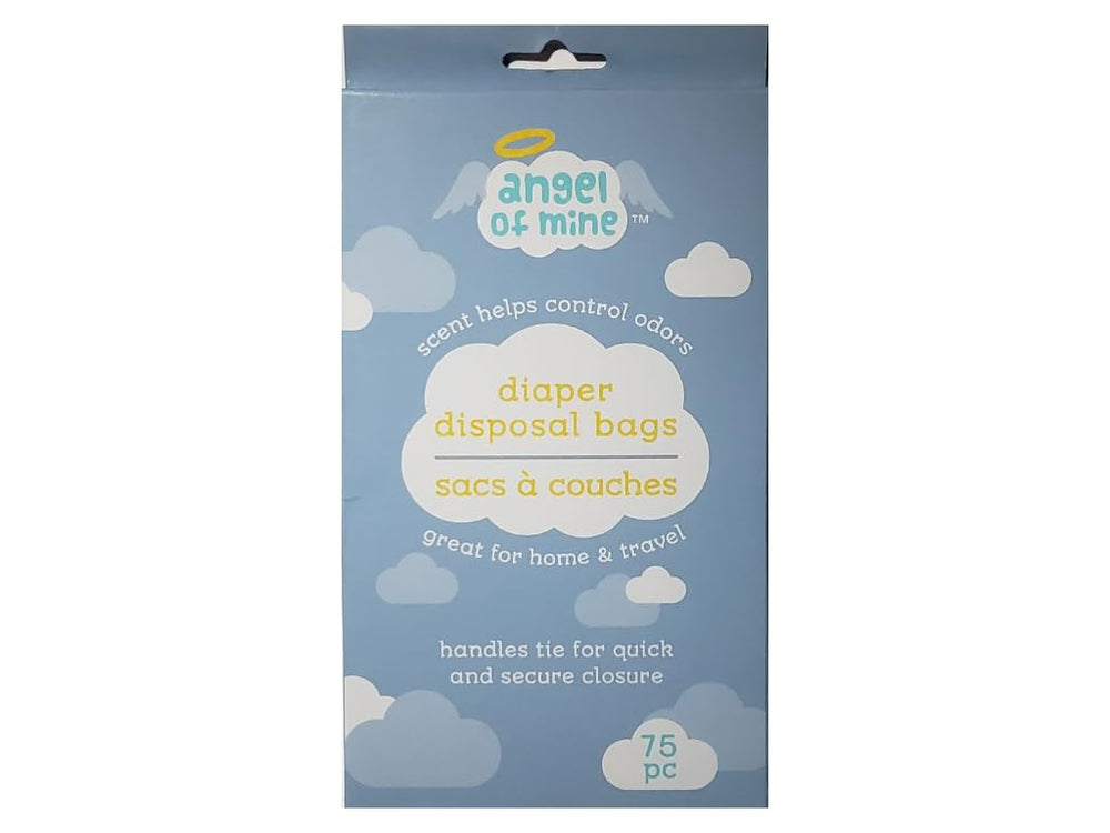 Angel of Mine diaper sacks showing tie closures for secure sealing