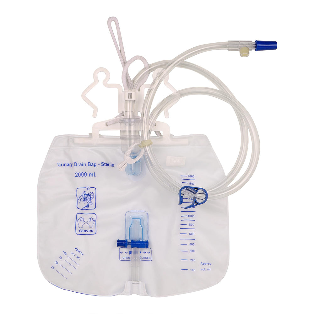 Angel Touch disposable urinary bag front view with 2000 ml capacity and clear markings