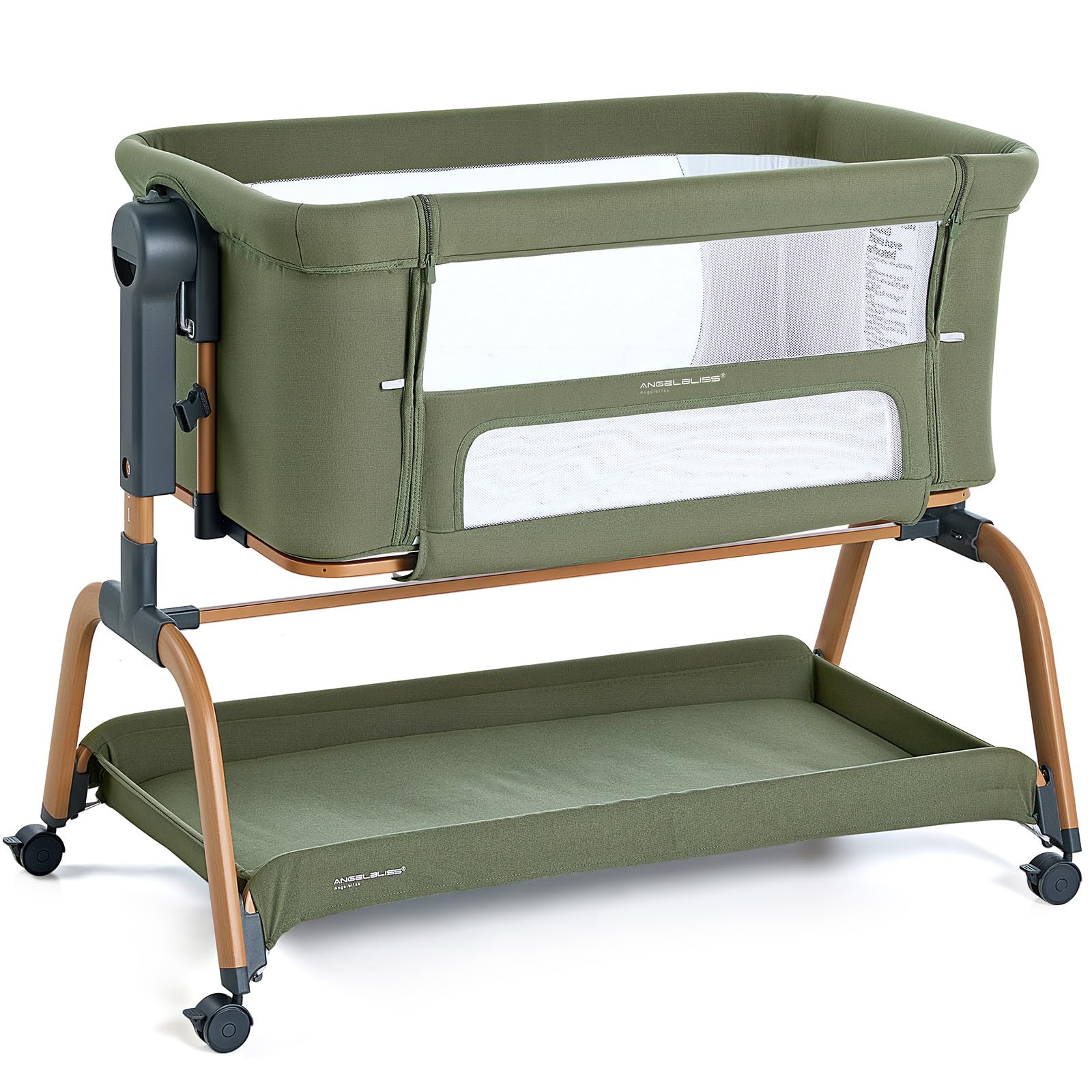 ANGELBLISS 3-in-1 bassinet assembled for versatile newborn sleep options beside mom.