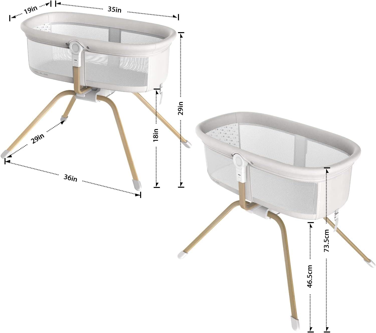 ANGELBLISS quick-assembly bassinet with snap-on legs for effortless setup.